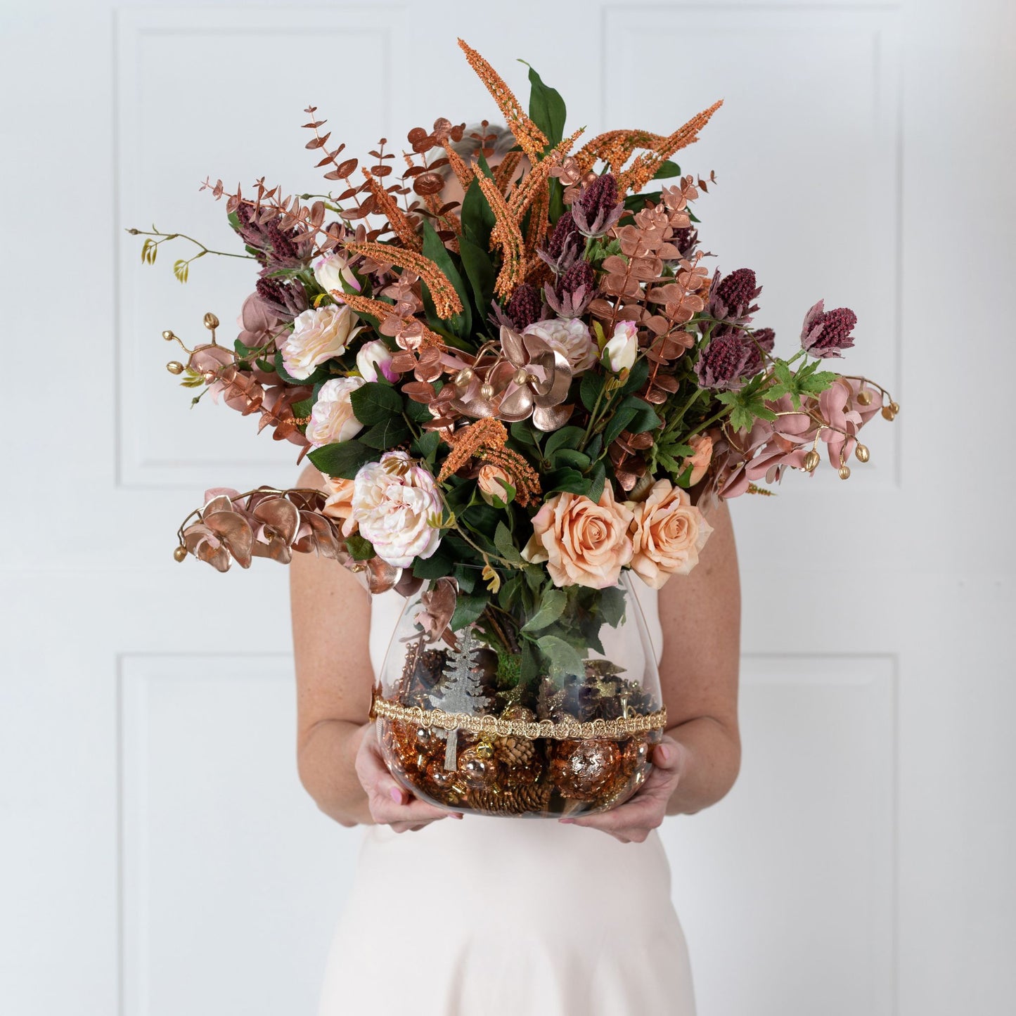 Rose Gold Real Touch & Silk Fake Flower Christmas Arrangement - Large "Gilt Edged Rose " - HM Grande Flora - artificial flowers Australia - luxury table decor