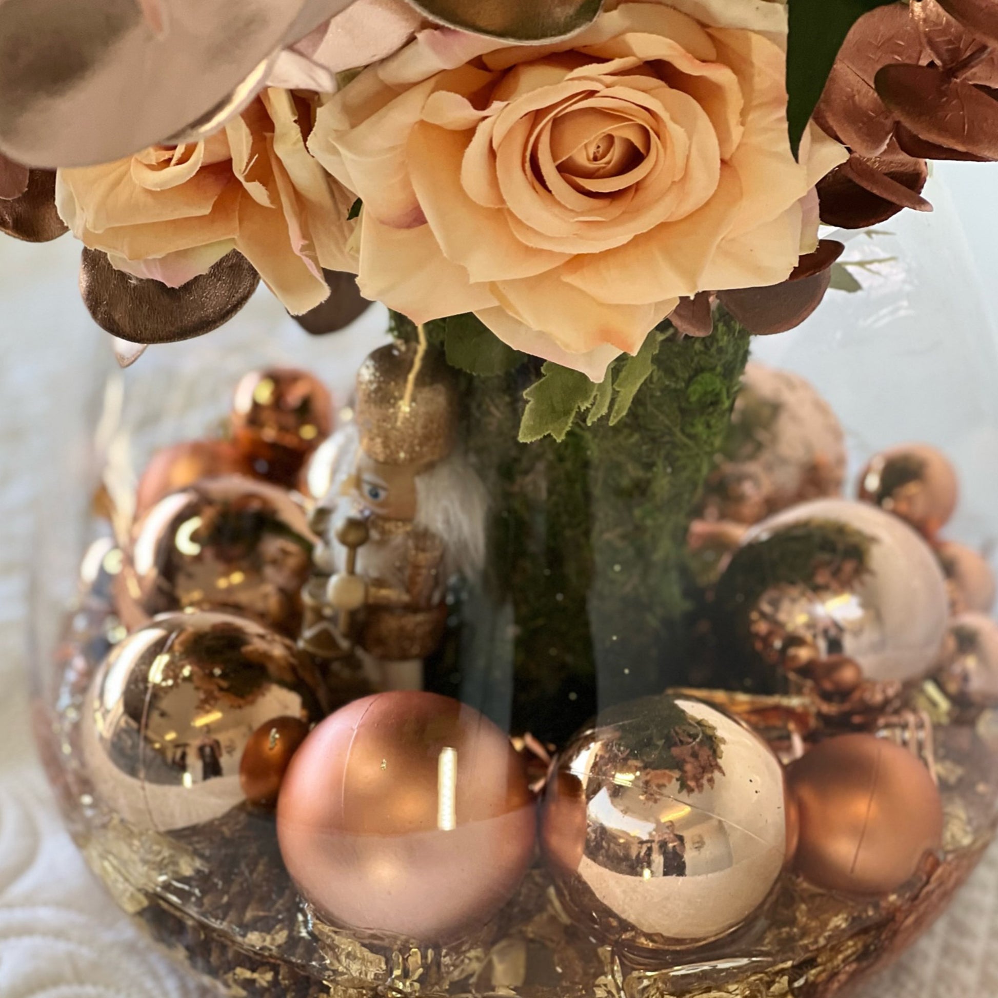 Real Touch & Silk Fake Flower Christmas Arrangement - Large "Rose Gold Nutcracker Celebration" - HM Grande Flora - artificial flowers Australia - luxury table decor
